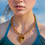 18K Gold Heart Pendant Bead Chain Necklace – Geometric Minimalist Hip-Hop Choker for Women