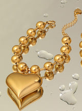 18K Gold Heart Pendant Bead Chain Necklace – Geometric Minimalist Hip-Hop Choker for Women